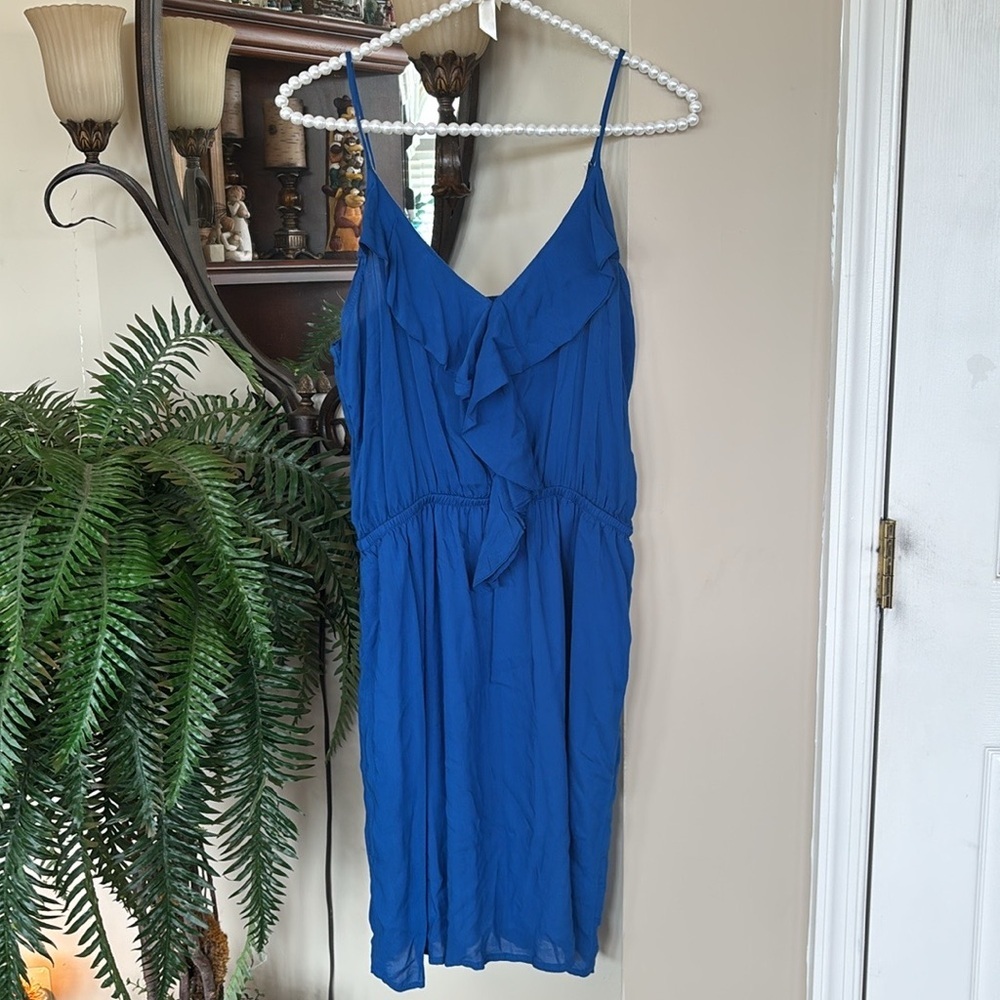 My Story Blue Dress Lined Spaghetti Strap Ruffle Front V-Neck Mini Stretch Waist